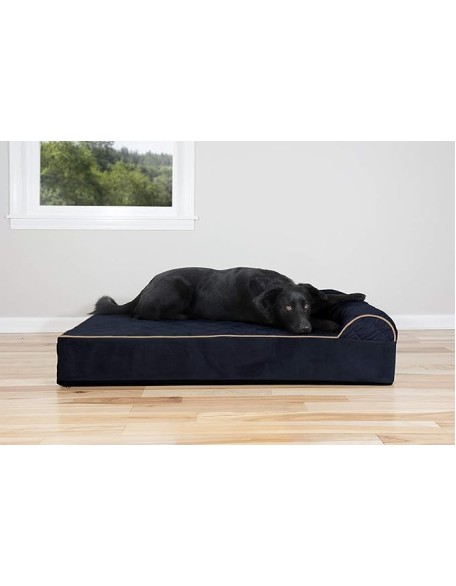 Orthopedic Dog Bed for Extra Large Dogs w/ Bonus Water-Resistant Liner & Removable Washable Cover, For Dogs Up to 300 lbs - Goliath Quilted Faux Fur & Velvet Bolster Chaise - Dark Blue, XXL