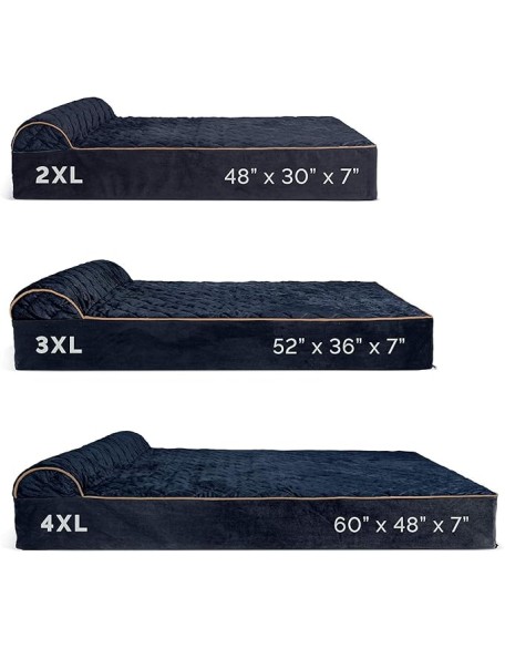 Orthopedic Dog Bed for Extra Large Dogs w/ Bonus Water-Resistant Liner & Removable Washable Cover, For Dogs Up to 300 lbs - Goliath Quilted Faux Fur & Velvet Bolster Chaise - Dark Blue, XXL