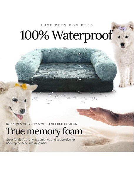 Luxe Pets Memory Foam Grey Orthopedic Small, Medium Dog Bed, 5” Thick, Faux Fur, Velvet, 100% Waterproof, YKK Zippers, Machine Washable, Full Slab Cotton Padded Cushion, Washable, Warranty