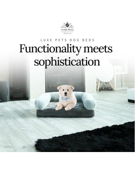 Luxe Pets Memory Foam Grey Orthopedic Small, Medium Dog Bed, 5” Thick, Faux Fur, Velvet, 100% Waterproof, YKK Zippers, Machine Washable, Full Slab Cotton Padded Cushion, Washable, Warranty