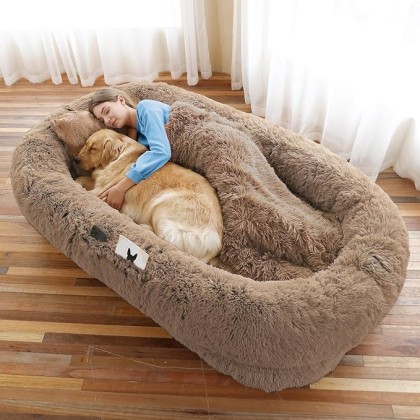 Human Dog Bed, Large Dog Beds for Humans Size Fits You and Pets, Washable Faux Fur Orthopedic Human Dog Bed for People Doze Off, Napping, Present Pillow, Blanket, Strap - Khaki