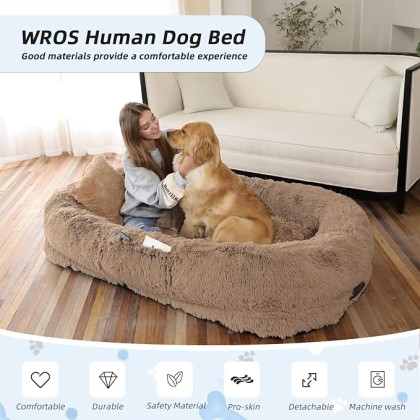 Human Dog Bed, Large Dog Beds for Humans Size Fits You and Pets, Washable Faux Fur Orthopedic Human Dog Bed for People Doze Off, Napping, Present Pillow, Blanket, Strap - Khaki