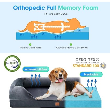 Orthopedic Dog Bed for Extra Large Dogs - XL Washable Dog Couch Bed, Memory Foam Pet Sofa Bed with Waterproof Liner and Removable Zipper Cover, Non-Slip Bottom, Grey, 44x34x10inches