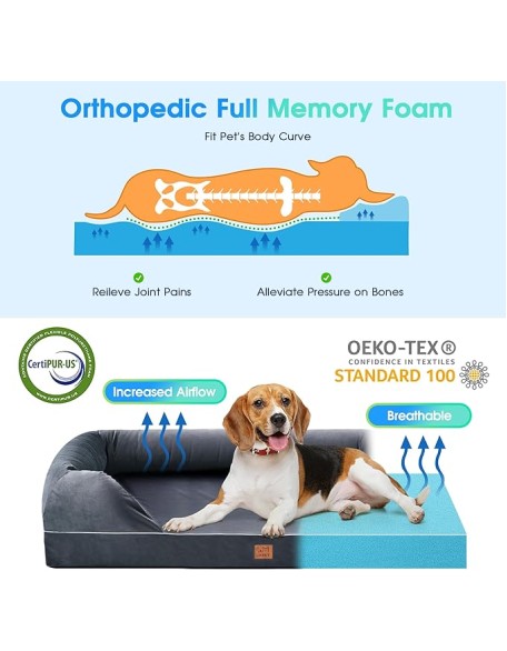 Orthopedic Dog Bed for Extra Large Dogs - XL Washable Dog Couch Bed, Memory Foam Pet Sofa Bed with Waterproof Liner and Removable Zipper Cover, Non-Slip Bottom, Grey, 44x34x10inches