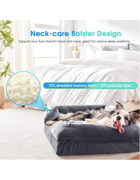 Orthopedic Dog Bed for Extra Large Dogs - XL Washable Dog Couch Bed, Memory Foam Pet Sofa Bed with Waterproof Liner and Removable Zipper Cover, Non-Slip Bottom, Grey, 44x34x10inches