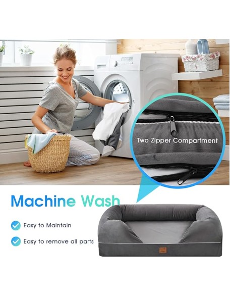 Orthopedic Dog Bed for Extra Large Dogs - XL Washable Dog Couch Bed, Memory Foam Pet Sofa Bed with Waterproof Liner and Removable Zipper Cover, Non-Slip Bottom, Grey, 44x34x10inches