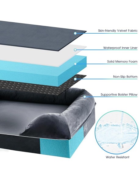 Orthopedic Dog Bed for Extra Large Dogs - XL Washable Dog Couch Bed, Memory Foam Pet Sofa Bed with Waterproof Liner and Removable Zipper Cover, Non-Slip Bottom, Grey, 44x34x10inches