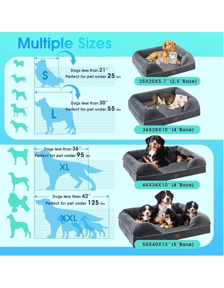 Orthopedic Dog Bed for Extra Large Dogs - XL Washable Dog Couch Bed, Memory Foam Pet Sofa Bed with Waterproof Liner and Removable Zipper Cover, Non-Slip Bottom, Grey, 44x34x10inches