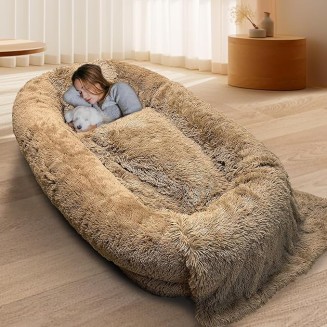 Large Human Dog Bed for Adult,74.8"x47.3"x13.8" Human Sized Dog Bed for People and Pets,Removable and Washable Faux Fur Giant Dog Bed for Humans with Blanket & Pillow,Khaki