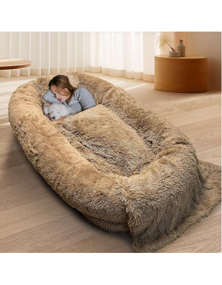 Large Human Dog Bed for Adult,74.8"x47.3"x13.8" Human Sized Dog Bed for People and Pets,Removable and Washable Faux Fur Giant Dog Bed for Humans with Blanket & Pillow,Khaki