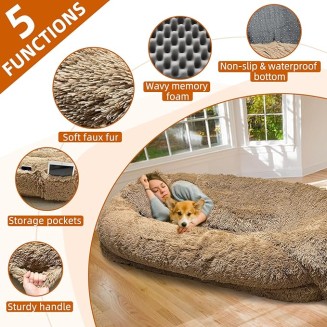 Large Human Dog Bed for Adult,74.8"x47.3"x13.8" Human Sized Dog Bed for People and Pets,Removable and Washable Faux Fur Giant Dog Bed for Humans with Blanket & Pillow,Khaki