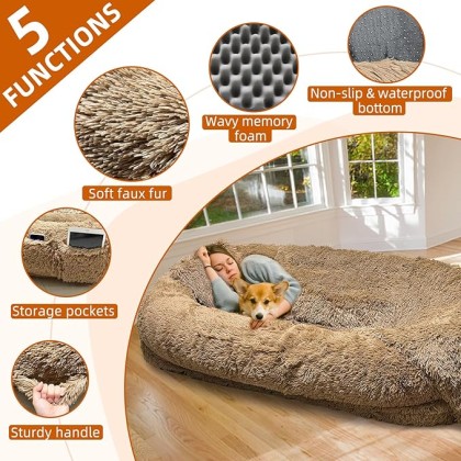 Large Human Dog Bed for Adult,74.8"x47.3"x13.8" Human Sized Dog Bed for People and Pets,Removable and Washable Faux Fur Giant Dog Bed for Humans with Blanket & Pillow,Khaki