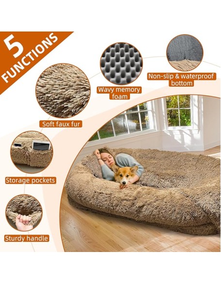 Large Human Dog Bed for Adult,74.8"x47.3"x13.8" Human Sized Dog Bed for People and Pets,Removable and Washable Faux Fur Giant Dog Bed for Humans with Blanket & Pillow,Khaki