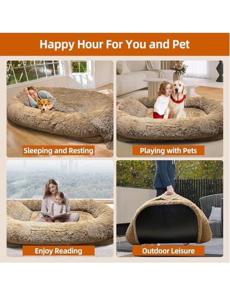 Large Human Dog Bed for Adult,74.8"x47.3"x13.8" Human Sized Dog Bed for People and Pets,Removable and Washable Faux Fur Giant Dog Bed for Humans with Blanket & Pillow,Khaki