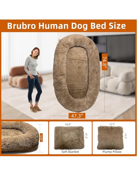 Large Human Dog Bed for Adult,74.8"x47.3"x13.8" Human Sized Dog Bed for People and Pets,Removable and Washable Faux Fur Giant Dog Bed for Humans with Blanket & Pillow,Khaki