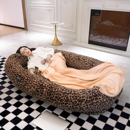 Human Dog Bed，75"x48"x14" Giant Dog Bed for Humans Size Fits Adults & Pets for Doze Off, Human Dog Bed for Adult with Washable Fur Cover, Blanket, and Storage Bag (Leopard Print)