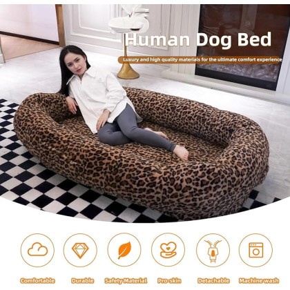Human Dog Bed，75"x48"x14" Giant Dog Bed for Humans Size Fits Adults & Pets for Doze Off, Human Dog Bed for Adult with Washable Fur Cover, Blanket, and Storage Bag (Leopard Print)