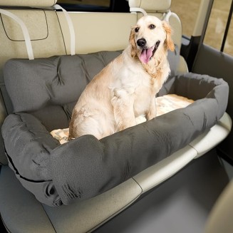 Dog Car Seat for Medium and Large Dogs, Pet Booster Seat, Adjustable Straps, 2 Safety Leashes, Reversible Cushion, Side Pockets, Non-Slip Bottom (Gray)