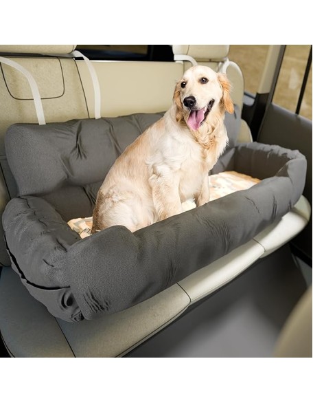 Dog Car Seat for Medium and Large Dogs, Pet Booster Seat, Adjustable Straps, 2 Safety Leashes, Reversible Cushion, Side Pockets, Non-Slip Bottom (Gray)