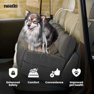 Dog Car Seat for Medium and Large Dogs, Pet Booster Seat, Adjustable Straps, 2 Safety Leashes, Reversible Cushion, Side Pockets, Non-Slip Bottom (Gray)