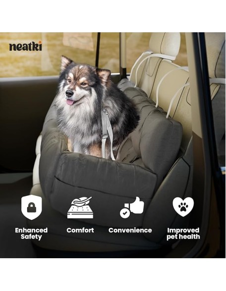 Dog Car Seat for Medium and Large Dogs, Pet Booster Seat, Adjustable Straps, 2 Safety Leashes, Reversible Cushion, Side Pockets, Non-Slip Bottom (Gray)