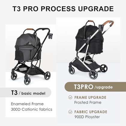 T3 Pro 3 in 1 Small Pet Stroller for Dog & Cats, 4 Wheels with Detachable Carrier with Pad, Canopy and Cup Holder, Black