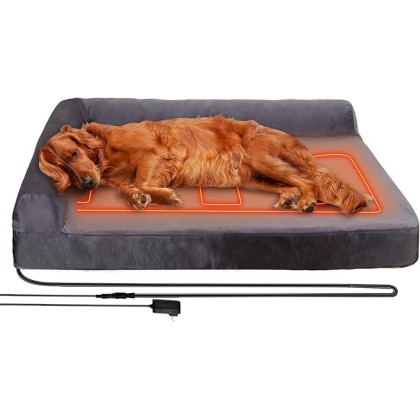 Upgraded Heated Dog Bed L-Shaped Chaise,12V Safe Voltage Arthritis Dog Bed with Memory Foam, Heated Pet Bed with Waterproof Cover for Medium, Large Dogs/M