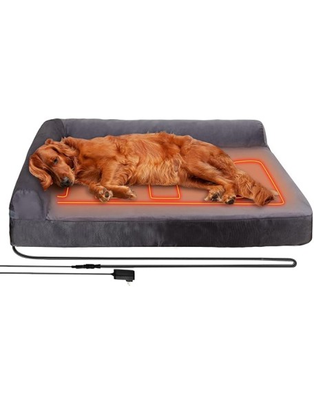 Upgraded Heated Dog Bed L-Shaped Chaise,12V Safe Voltage Arthritis Dog Bed with Memory Foam, Heated Pet Bed with Waterproof Cover for Medium, Large Dogs/M