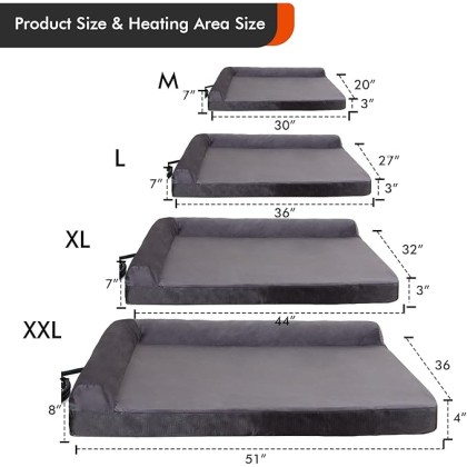 Upgraded Heated Dog Bed L-Shaped Chaise,12V Safe Voltage Arthritis Dog Bed with Memory Foam, Heated Pet Bed with Waterproof Cover for Medium, Large Dogs/M