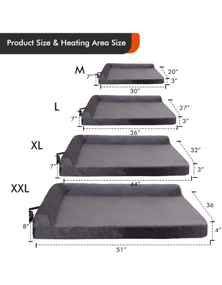 Upgraded Heated Dog Bed L-Shaped Chaise,12V Safe Voltage Arthritis Dog Bed with Memory Foam, Heated Pet Bed with Waterproof Cover for Medium, Large Dogs/M
