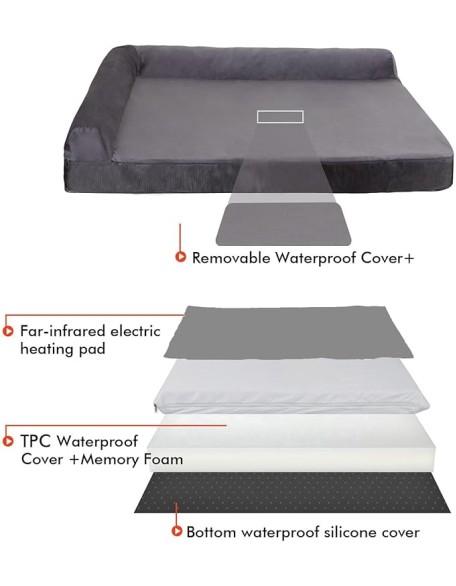 Upgraded Heated Dog Bed L-Shaped Chaise,12V Safe Voltage Arthritis Dog Bed with Memory Foam, Heated Pet Bed with Waterproof Cover for Medium, Large Dogs/M