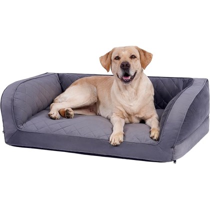 Orthopedic Dog Bed Couch for Large Dogs, Waterproof XL Memory Foam Pet Beds with Soft Tear-Resistant Fabric & Removable Machine Washable Plush Cover, Non-Slip Bottom, Grey 43x31