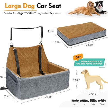 Dog Car Seat for Large Medium Dog,Washable Pet Car Seat for Dogs Under 55 Lbs Or 2 Small Dogs,Dog Booster Seat with Thick Cushion,2 Safety Leashes Dog Sofa Cushion & Travel Dog Bed,Silver