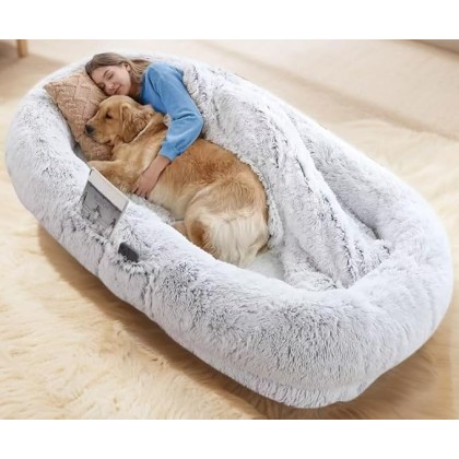 Human Dog Bed, 71''x40'' Washable Faux Fur for People and Pets, Orthopedic Design, Grey