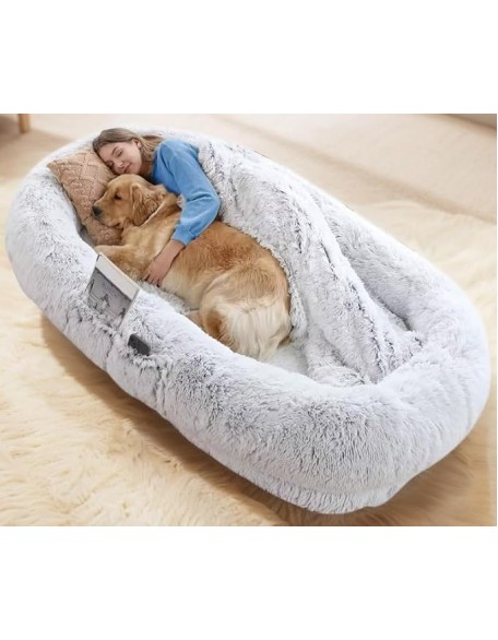 Human Dog Bed, 71''x40'' Washable Faux Fur for People and Pets, Orthopedic Design, Grey