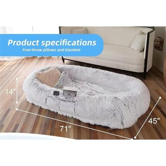 Human Dog Bed, 71''x40'' Washable Faux Fur for People and Pets, Orthopedic Design, Grey
