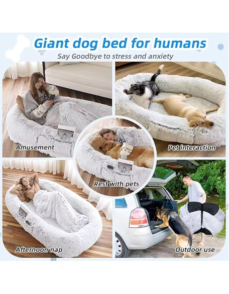 Human Dog Bed, 71''x40'' Washable Faux Fur for People and Pets, Orthopedic Design, Grey