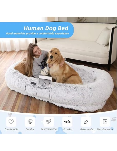 Human Dog Bed, 71''x40'' Washable Faux Fur for People and Pets, Orthopedic Design, Grey